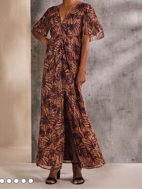 Forest Fairy Dress Women's 6 Petite Scarlet Metallic Brown Floral Bias Cut Midi